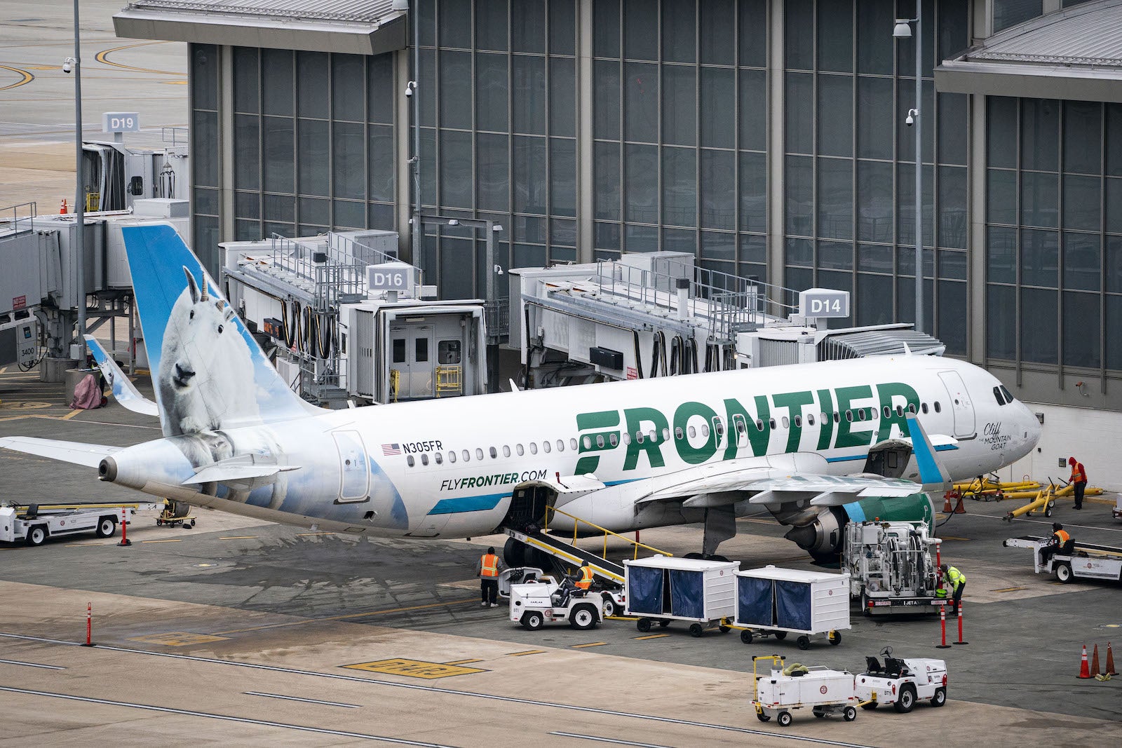Frontier Airlines plane at the gate in RDU airport