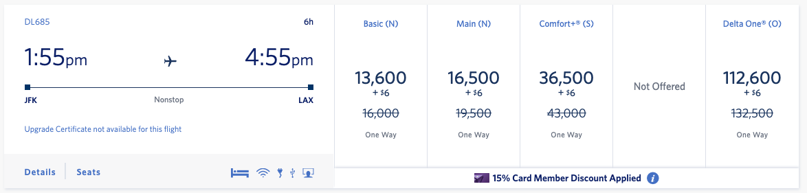 JFK TO LAX SkyMiles award prices