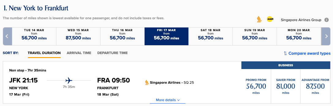 JFK to FRA Singapore Airlines business class award space