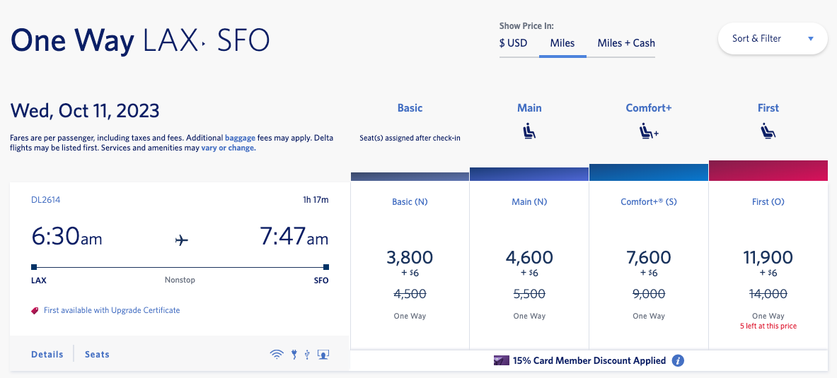 LAX to SFO SkyMiles award flight prices