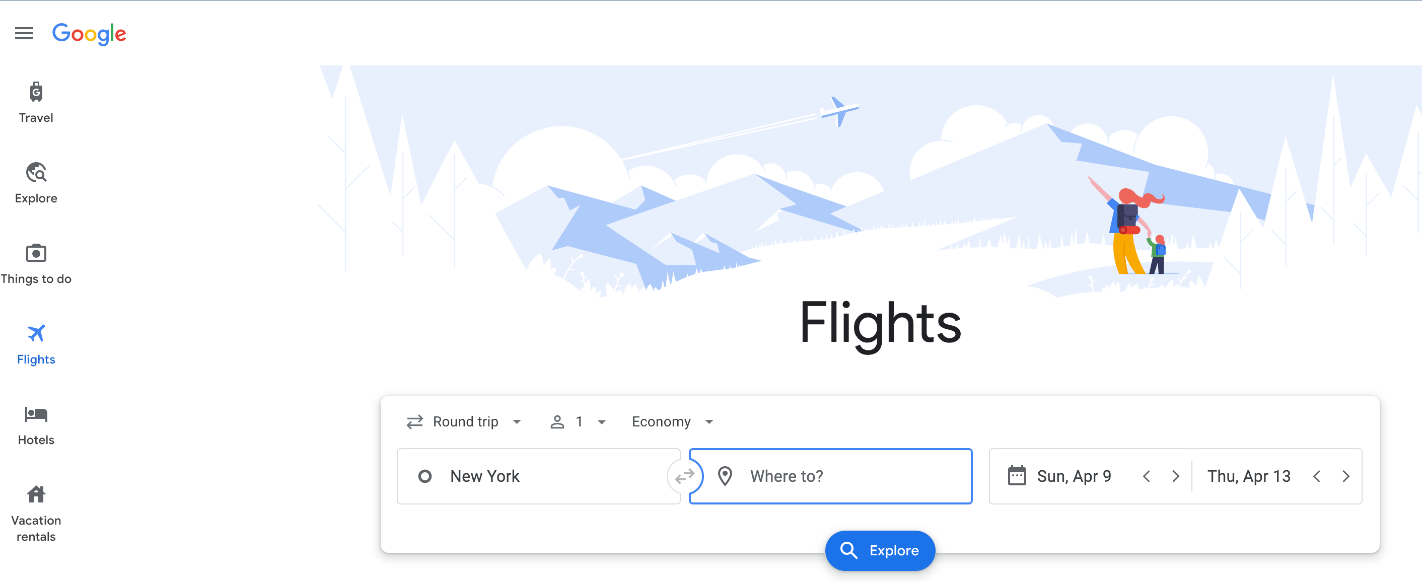 Google Flights homepage