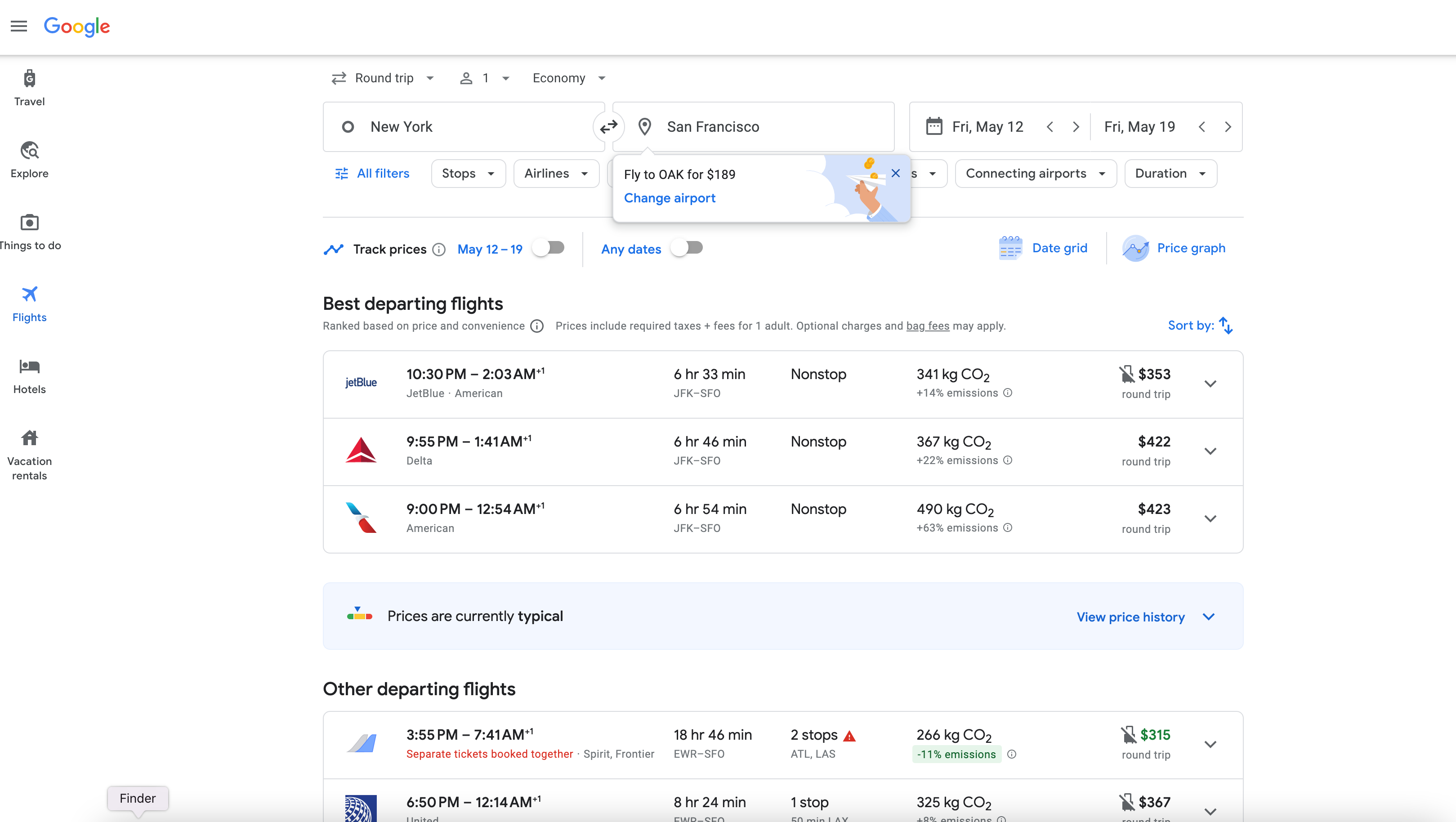 Google Flight search from New York to San Francisco. 