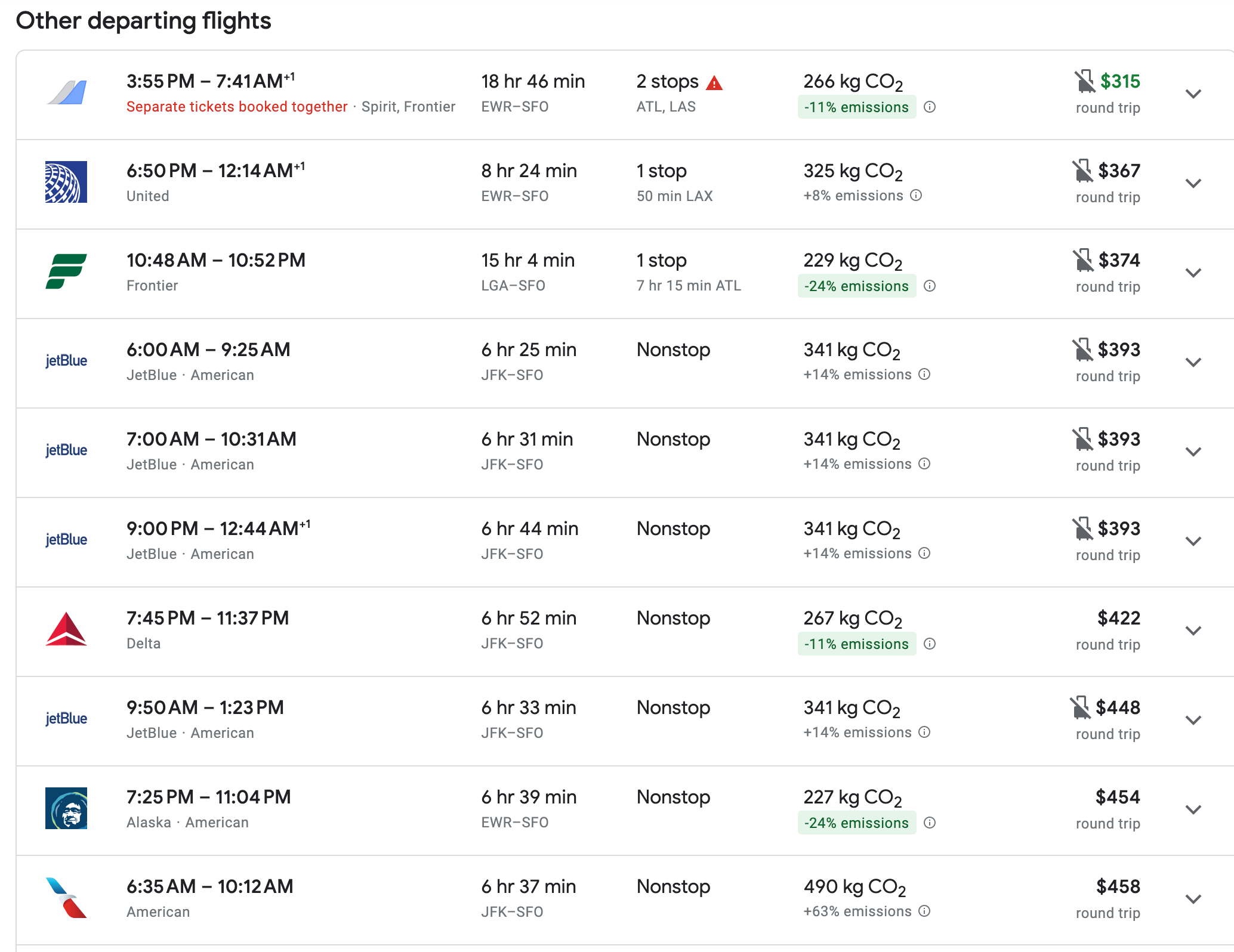 Google flight options to San Francisco from New York.