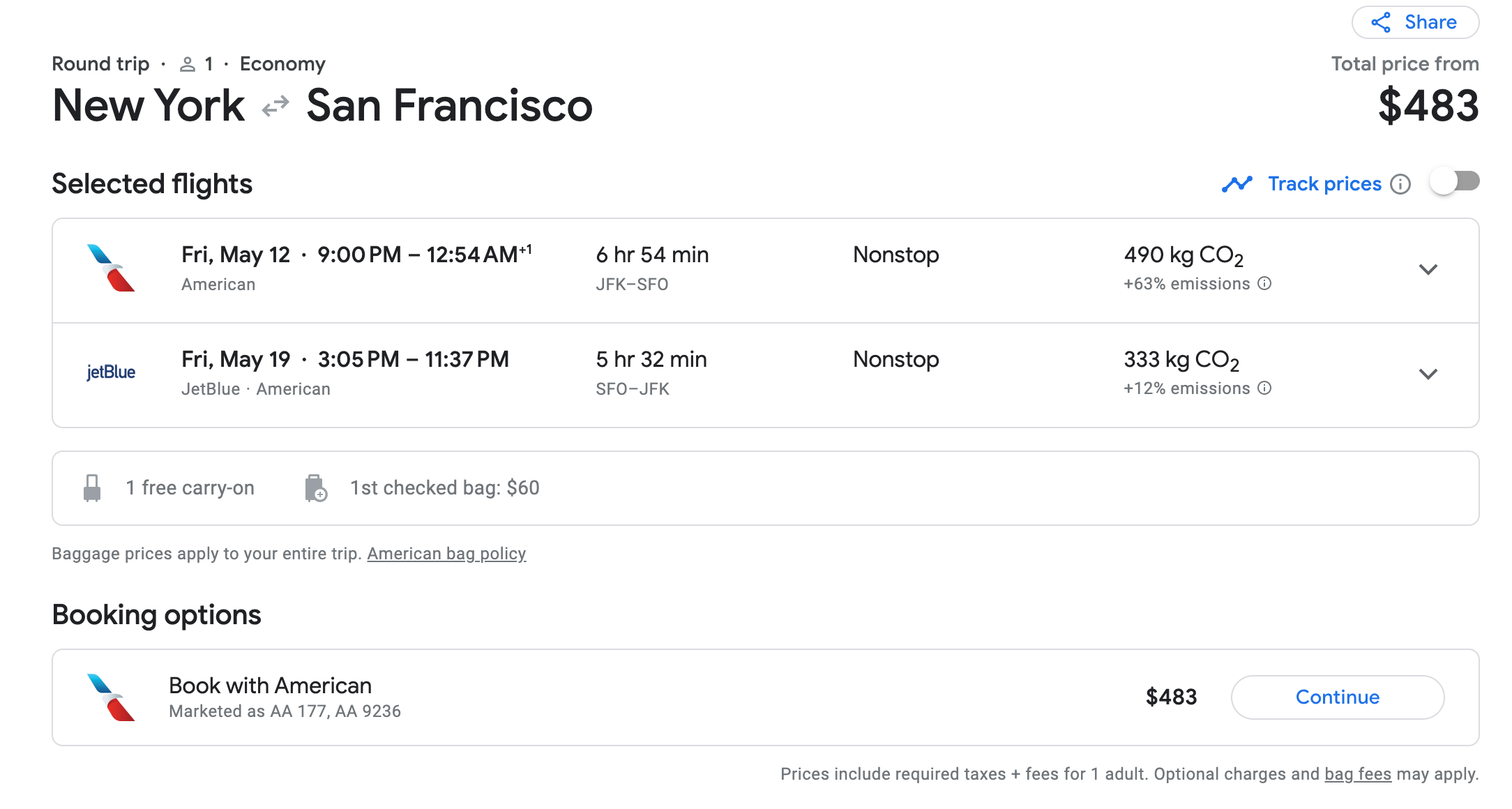 Google Flights search results from JFK to SFO