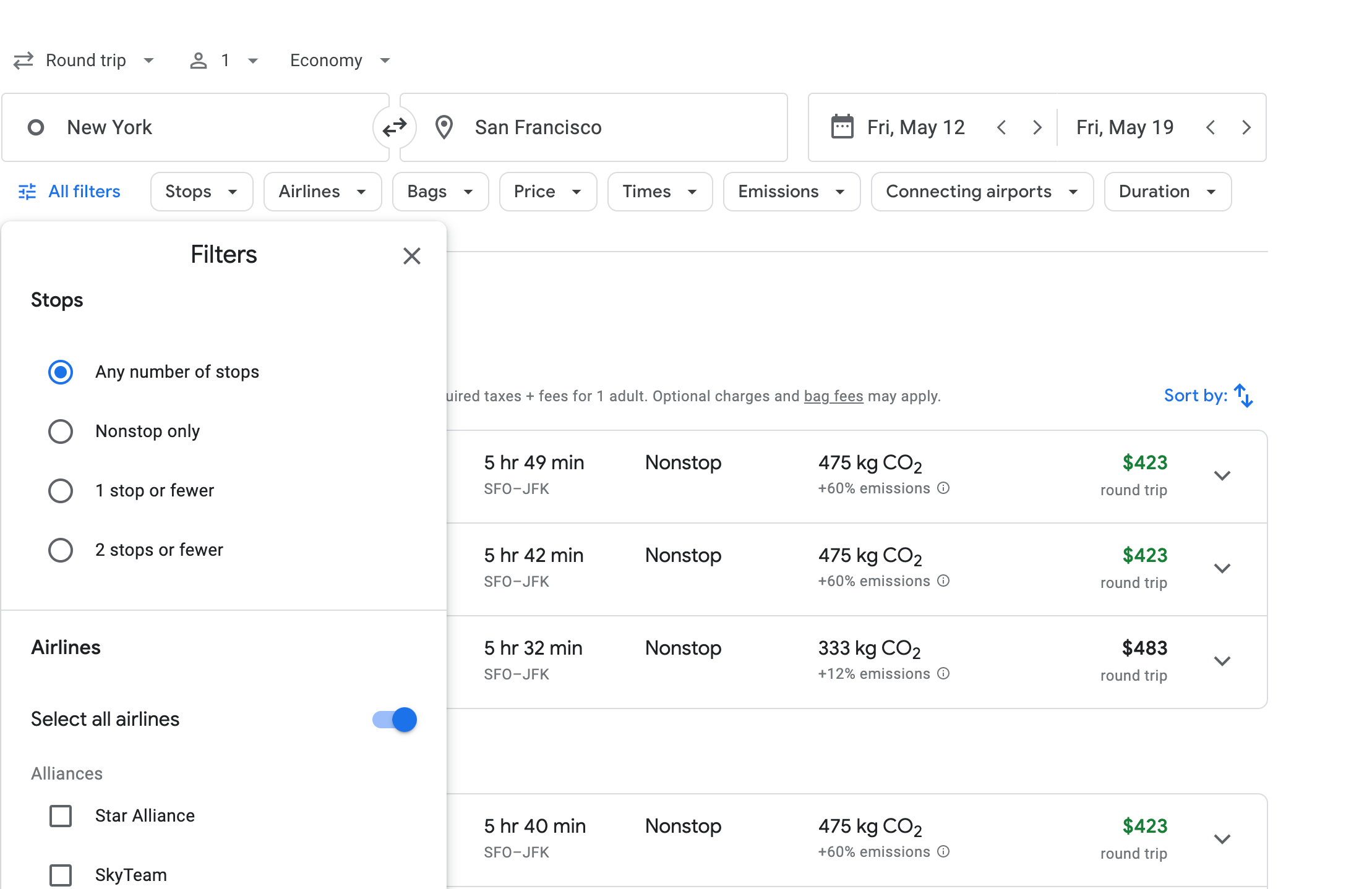 Google Flights filters