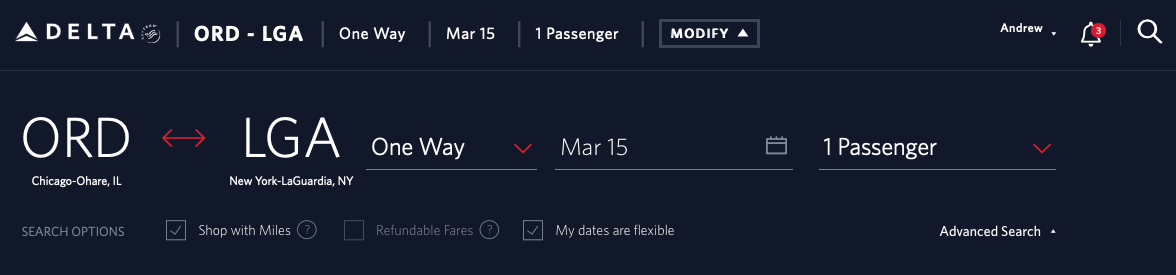 Searching for an award flight from ORD to LGA on Delta's website