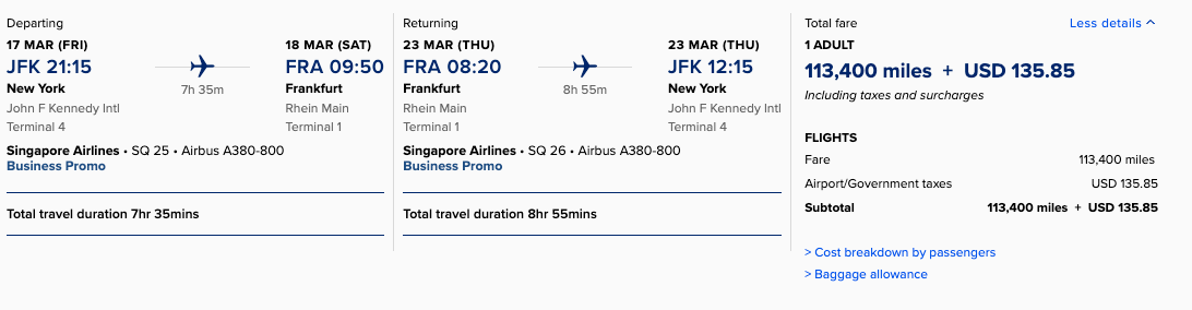 Singapore Airlines round-trip JFK to FRA award ticket with taxes