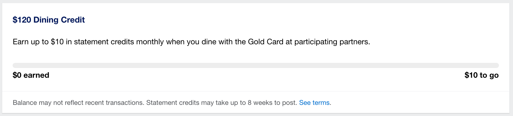 benefit tracking bar shows how much of the Amex Gold dining credit has been used