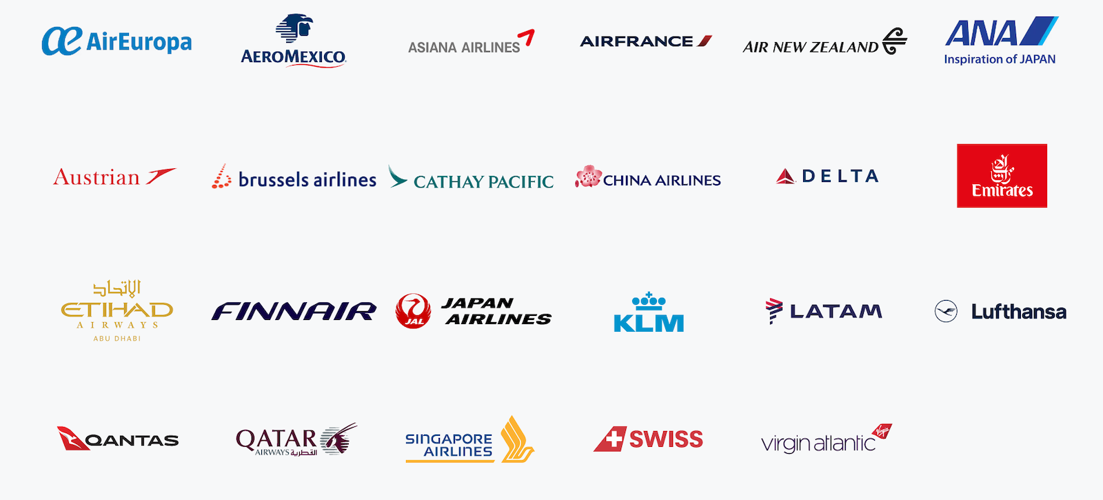 airline logos for the airlines participating in the Amex International Airline Program