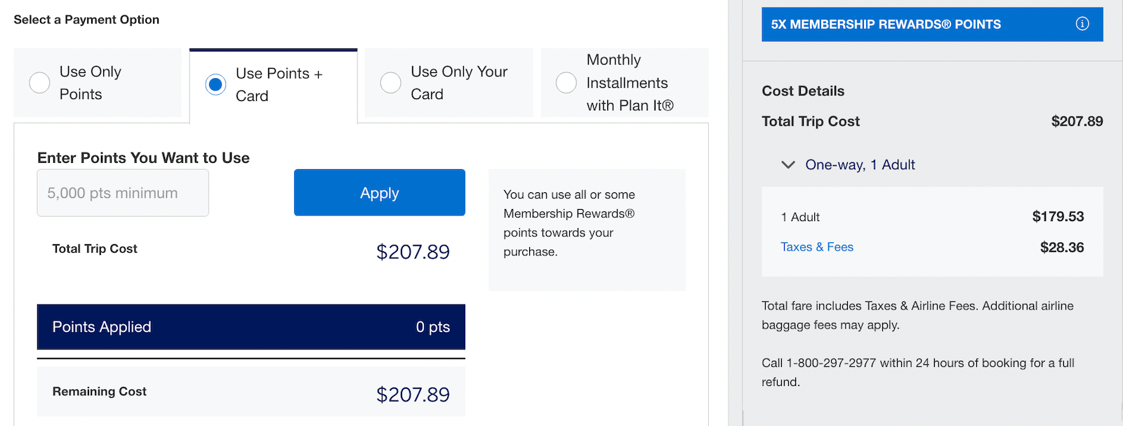 payment options on Amex Travel, showing the ability to use credit card, points or a mix of the two