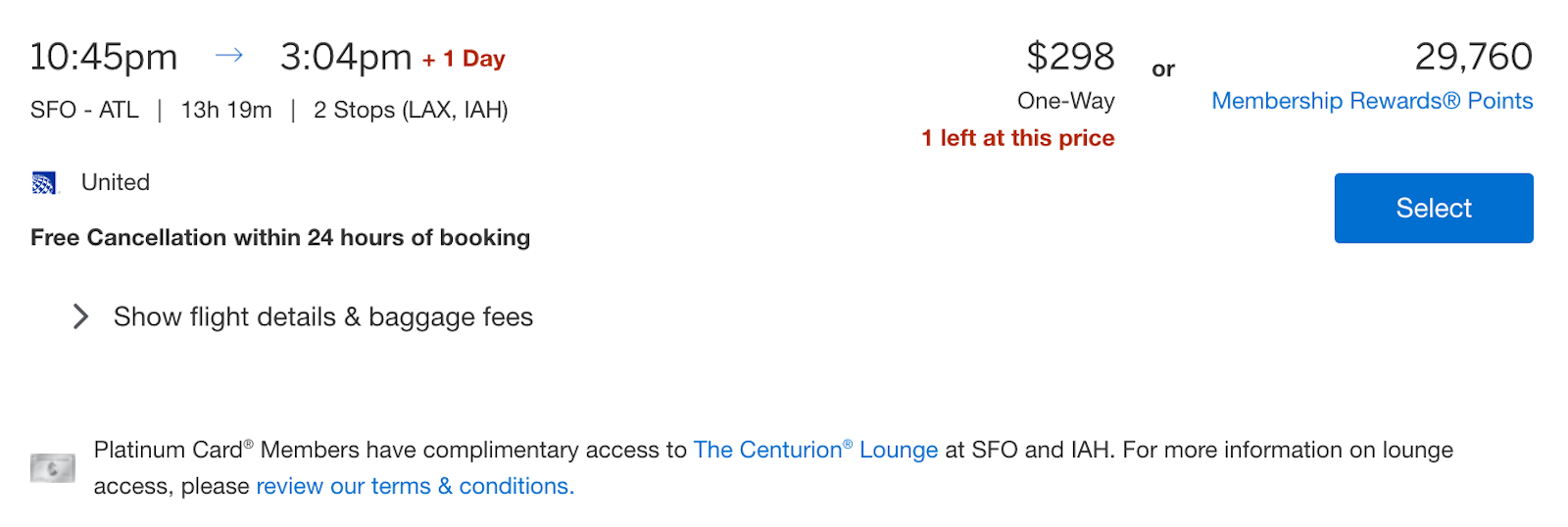 flight search results showing indicator that lounge access is available