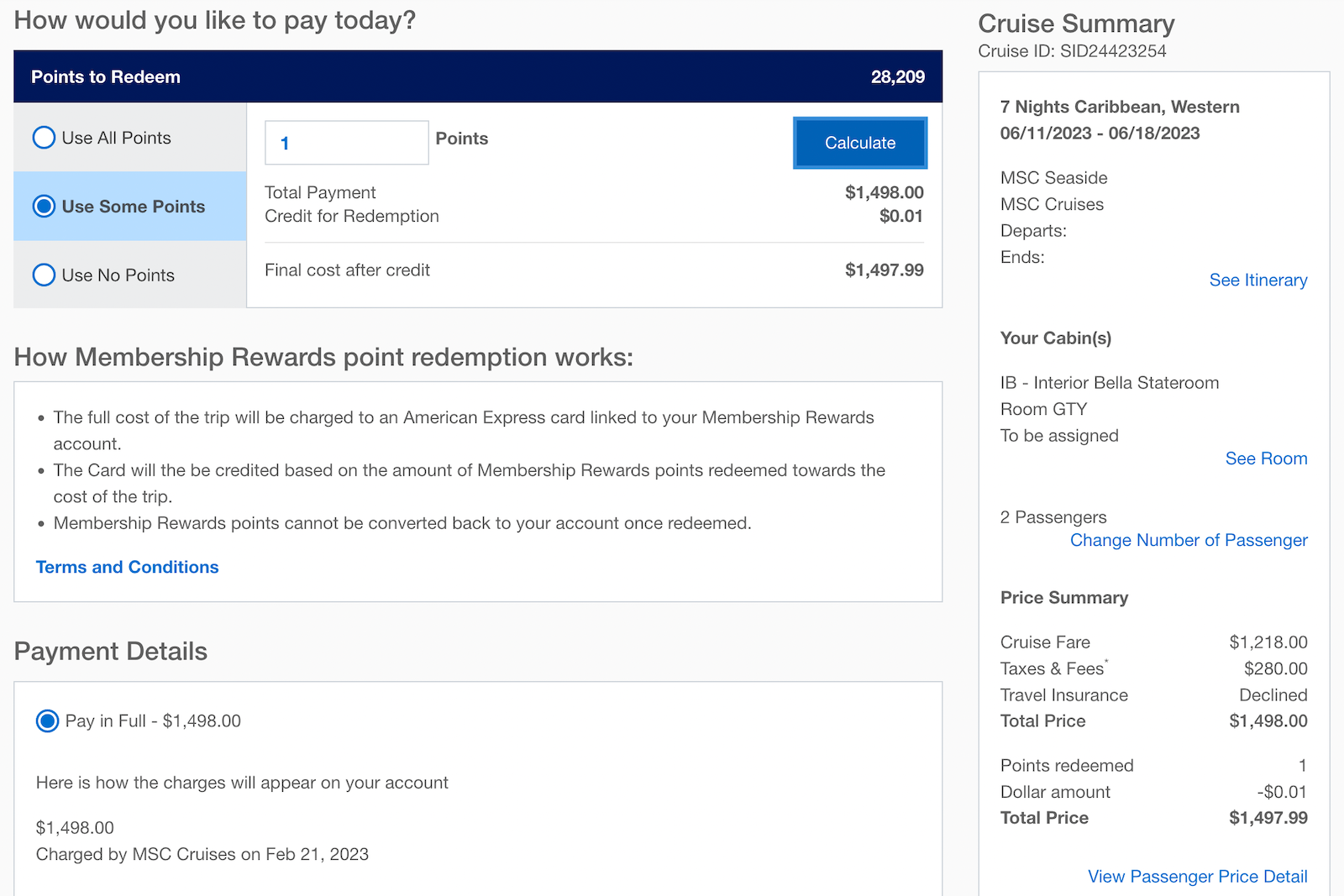 cruise booking final page for payment with Amex Travel