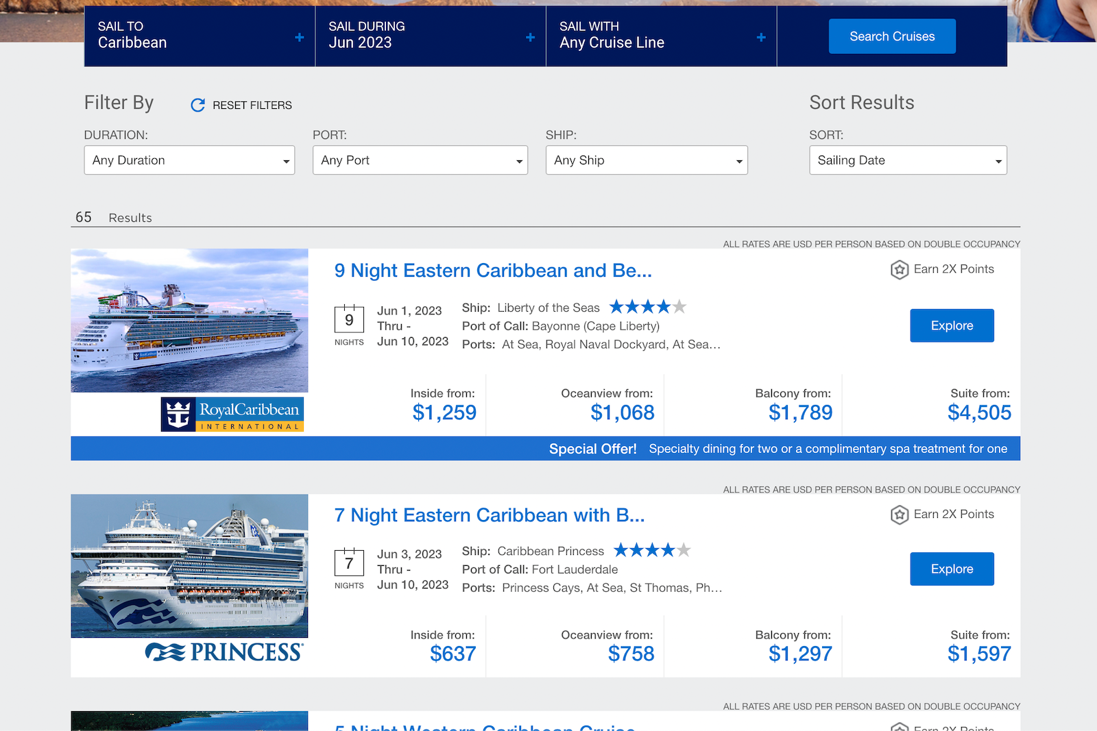 cruise search results and filter options from Amex Travel