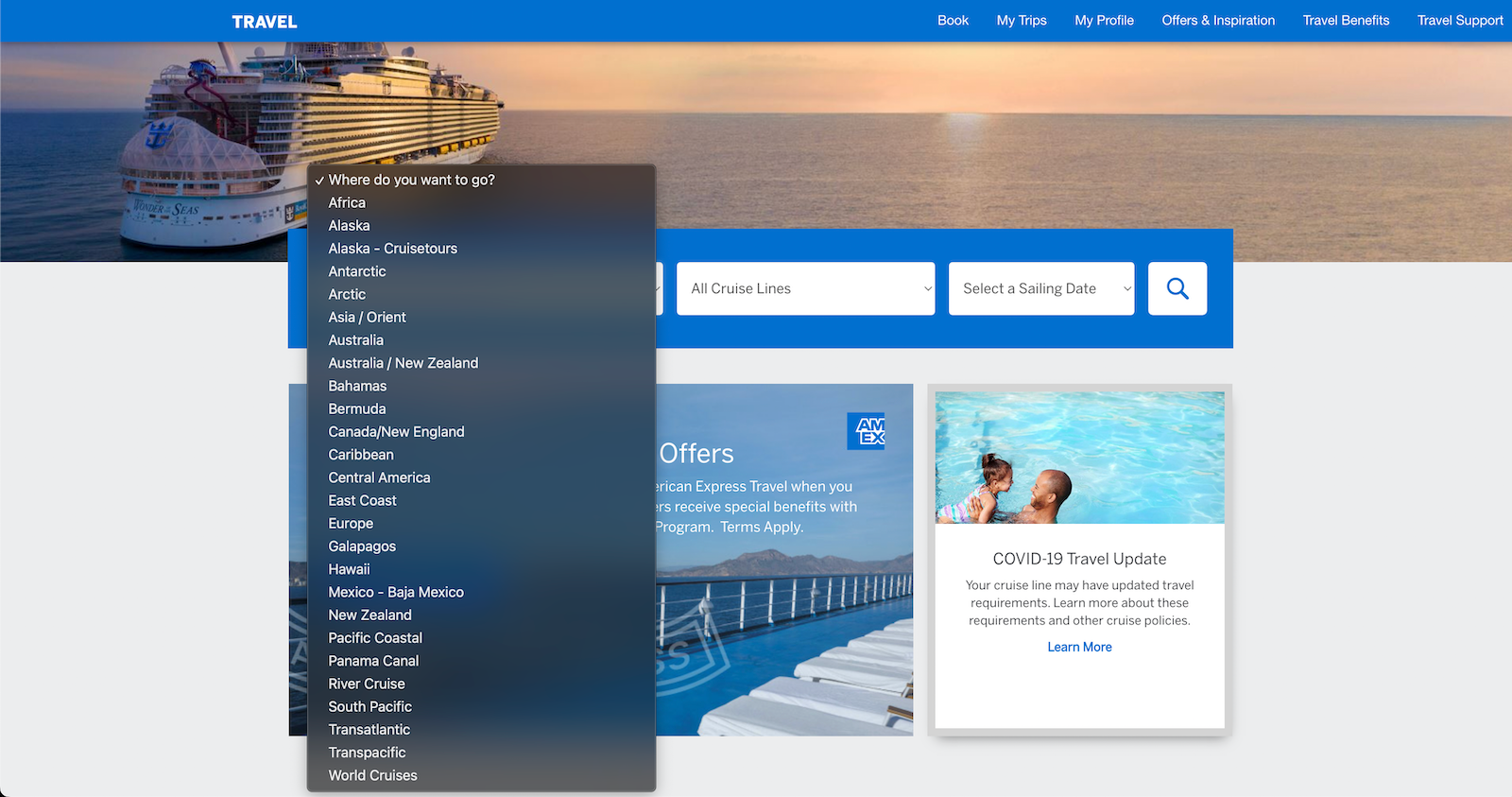 3 drop-down menus for cruise search options on a booking portal