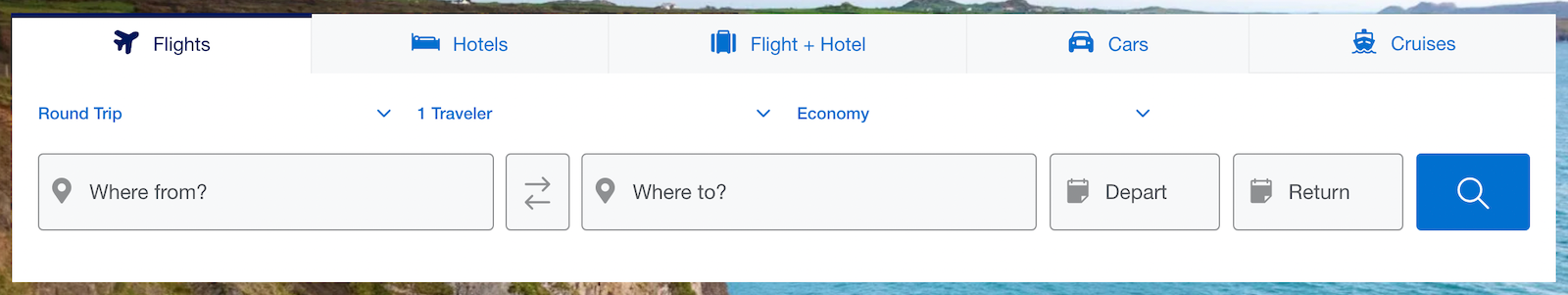 a travel booking website showing input fields for flight searches