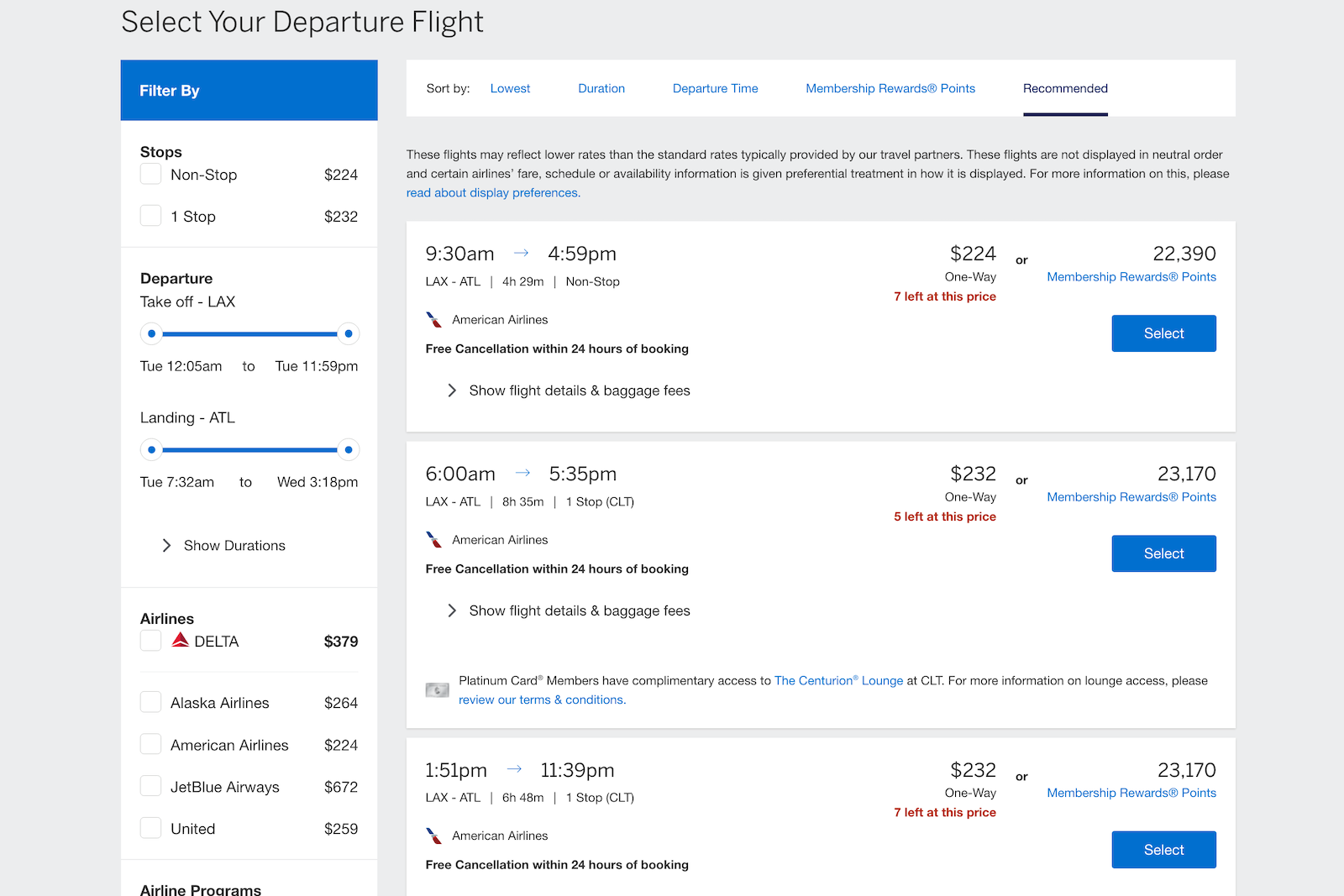 flight search results page from Amex Travel showing options for filters