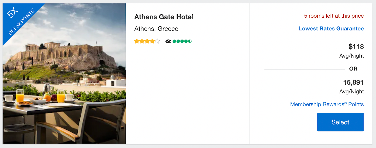 hotel option in Athens, Greece with indicator of earning 5 points per dollar