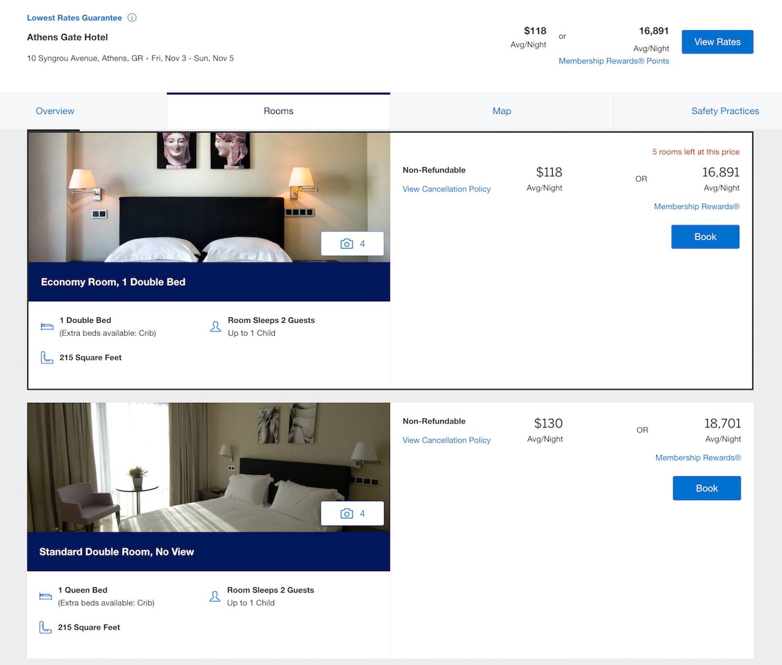 room options at a hotel in Athens, shown on the Amex Travel portal