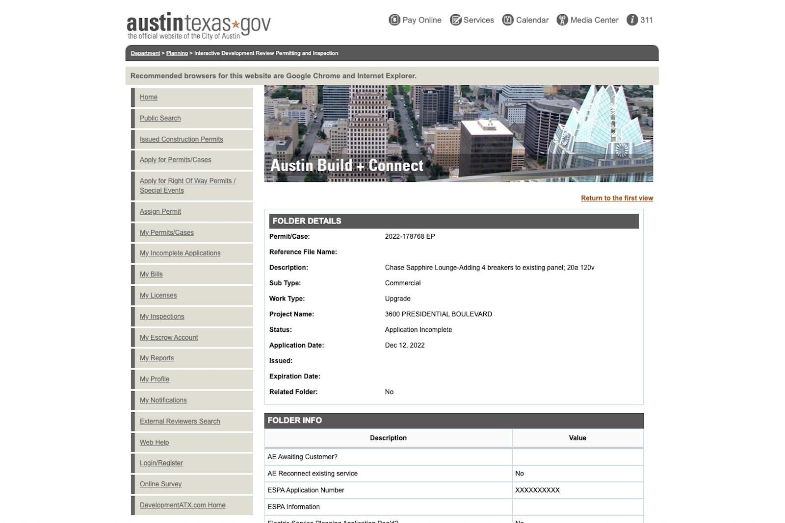 permit application number and source for an airport lounge permit in Austin, Texas