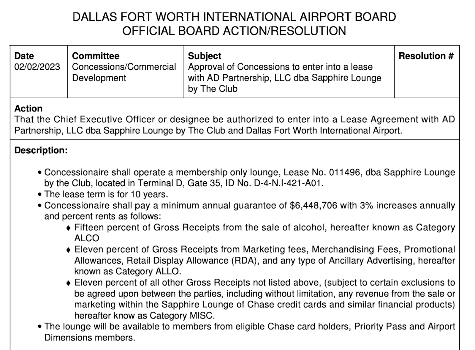 details on proposal of lounge for airport board consideration