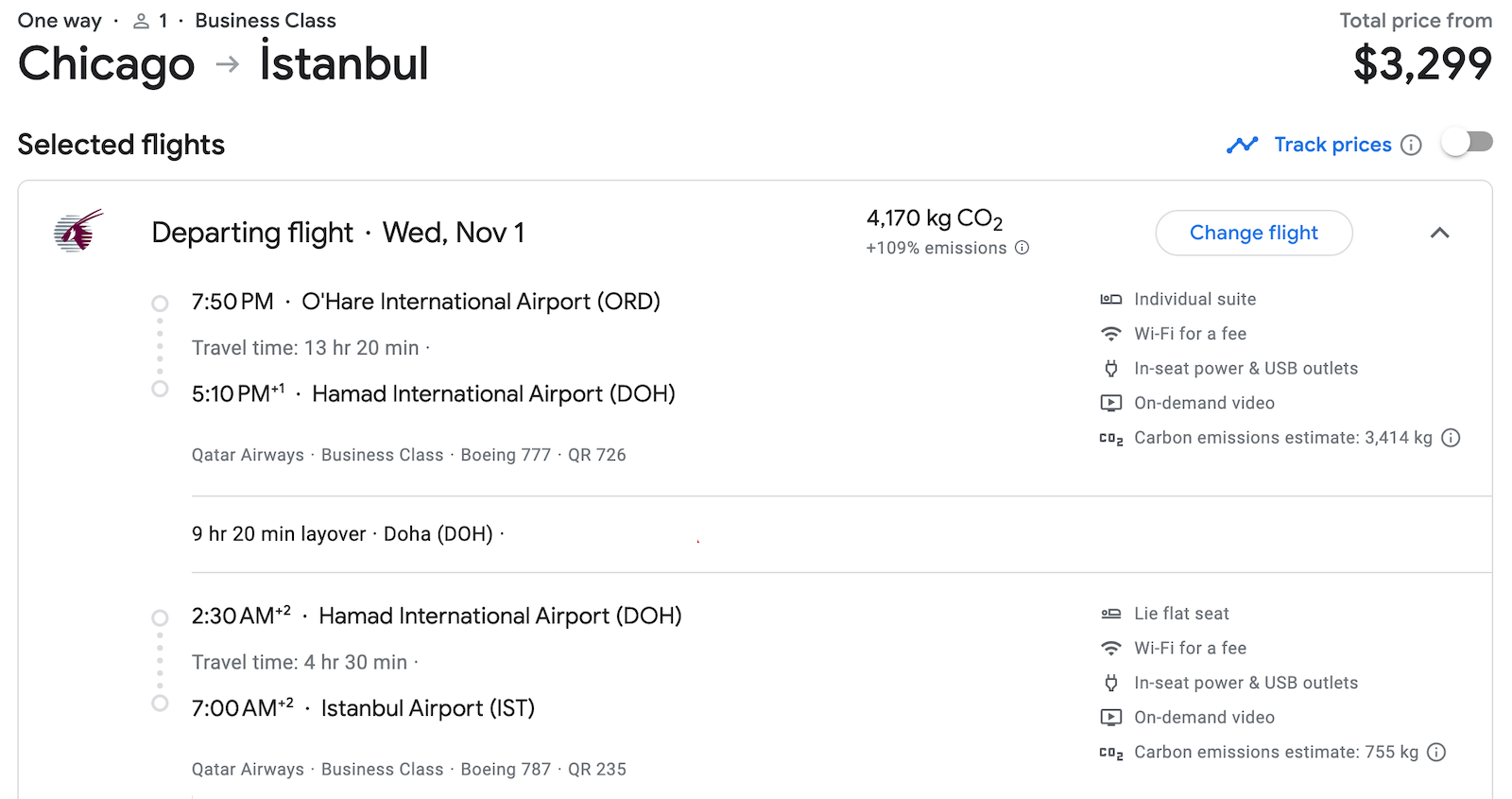 flight itinerary from Chicago to Istanbul via Doha with Qatar Airways