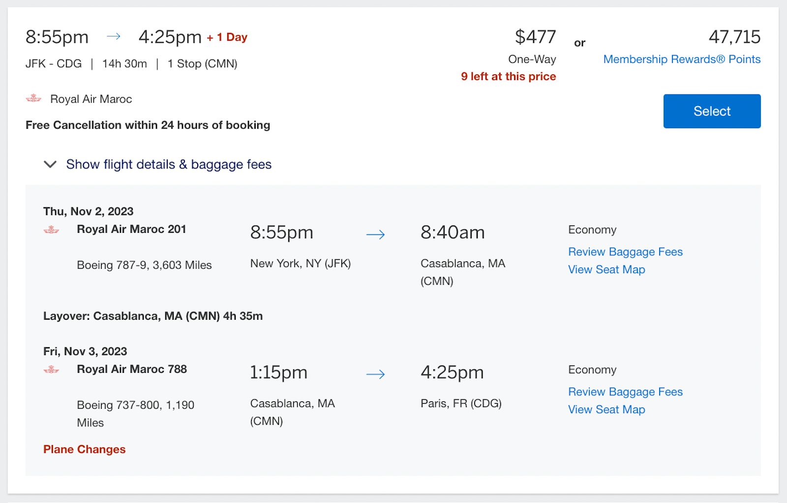 flight pricing with Royal Air Maroc from New York to Casablanca and on to Paris, found on Amex Travel website