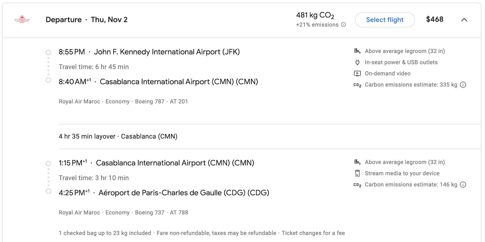 flight pricing with Royal Air Maroc from New York to Casablanca and on to Paris, found on Google Flights website