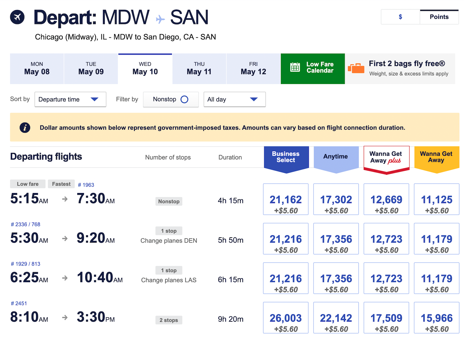 award pricing for Southwest flights from Chicago-Midway to San Diego