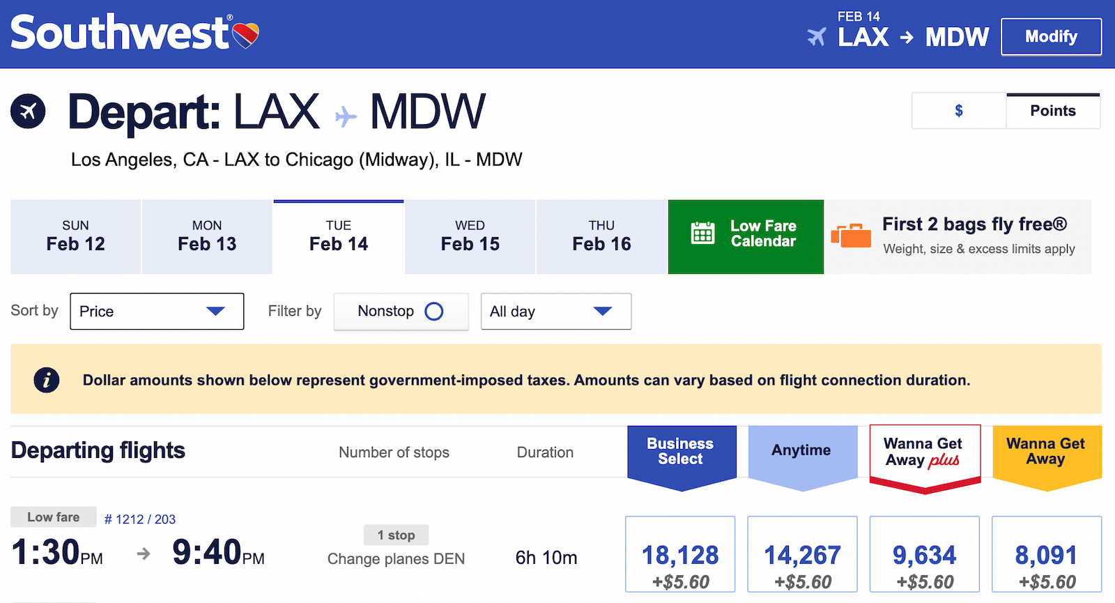 points pricing for Southwest flights from Los Angeles to Chicago