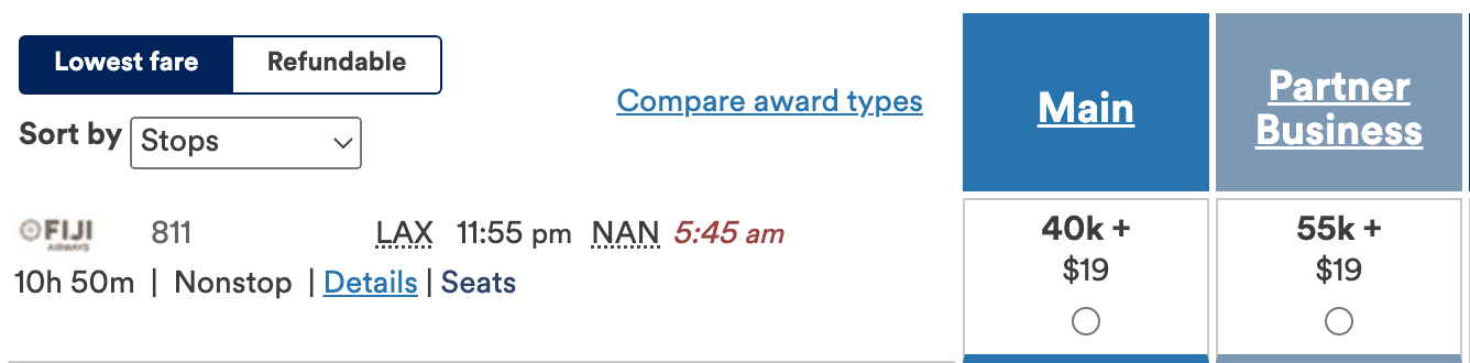 award pricing for economy or business class using Alaska miles for LAX to Nadi, Fiji with Fiji Airways