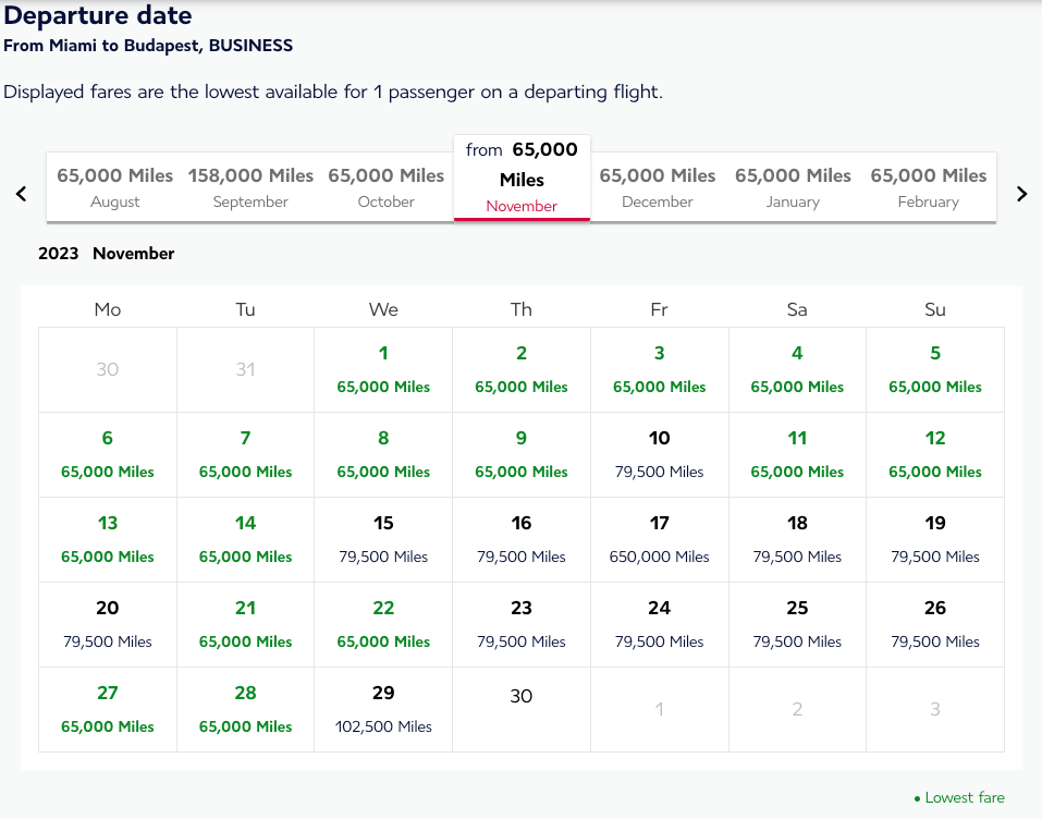 Miami to Budapest Flying Blue award calendar