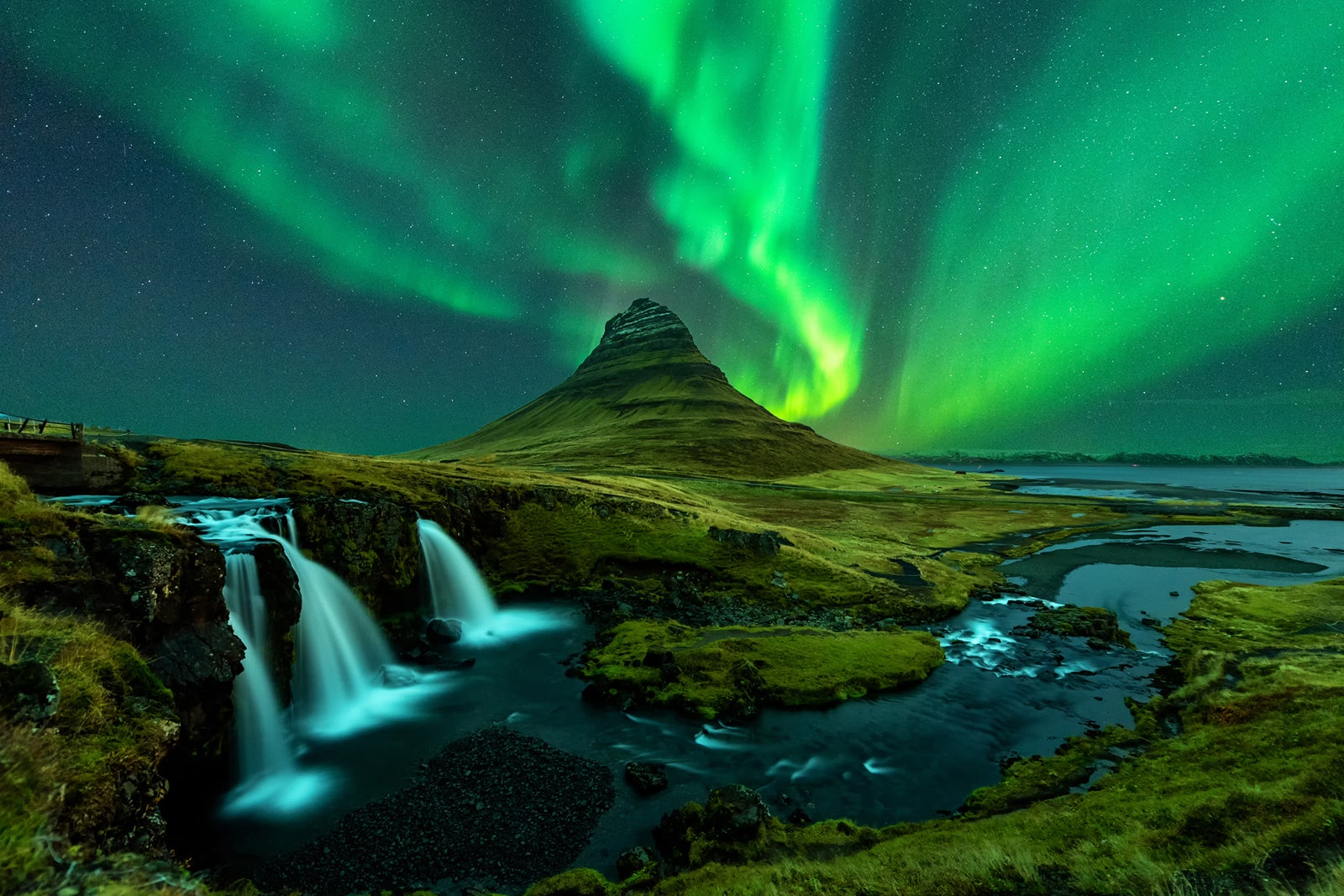 Northern lights over Mount Kirkjufell in Iceland