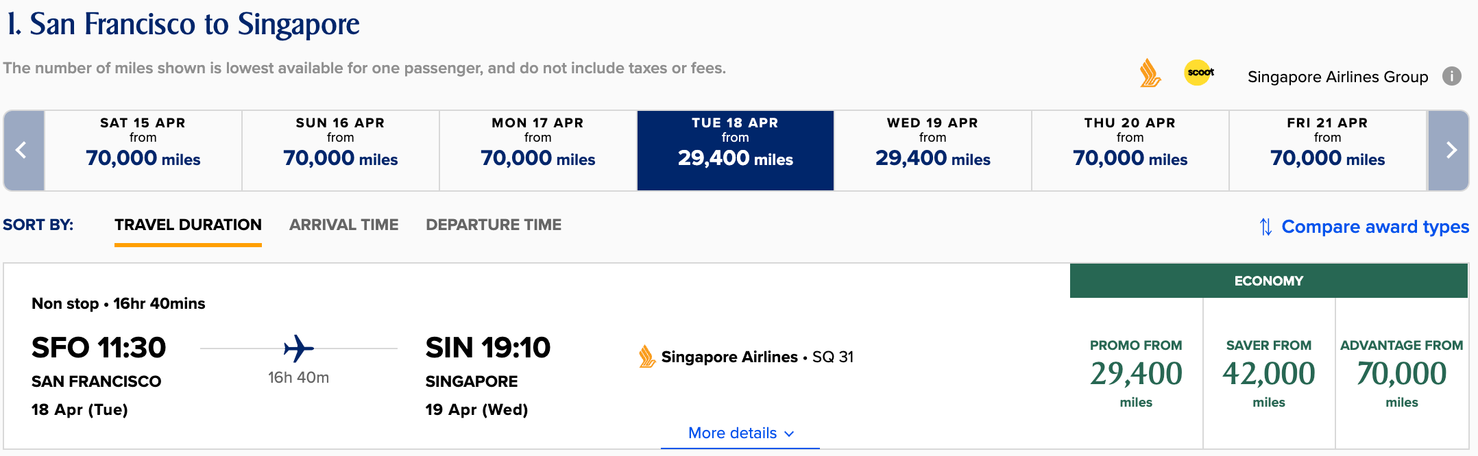 SFO to SIN in economy