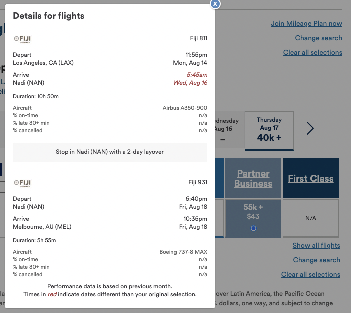 Award pricing and fees for a one-way flight