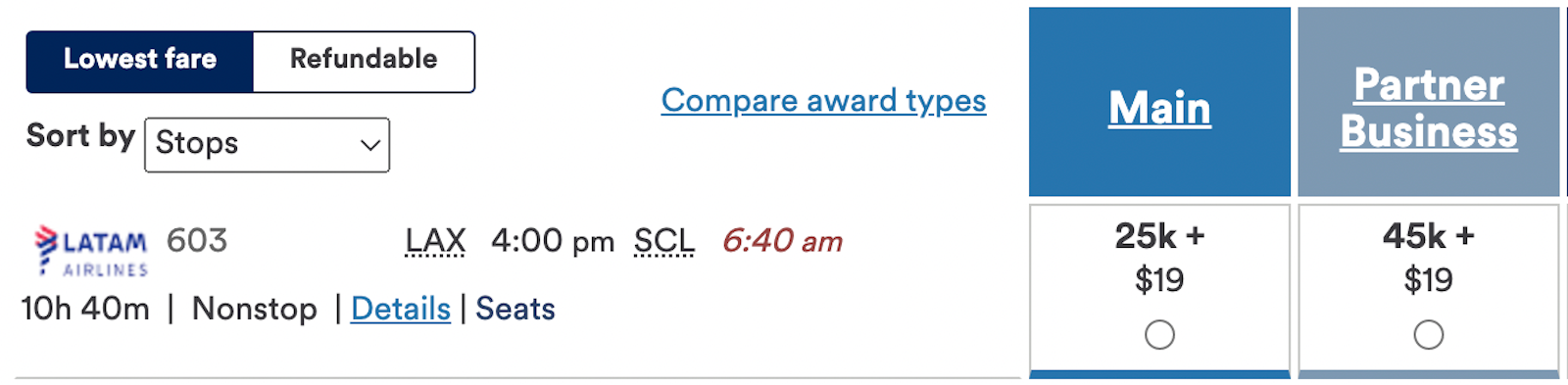 award pricing for economy and business class using Alaska miles for Los Angeles to Santiago, Chile