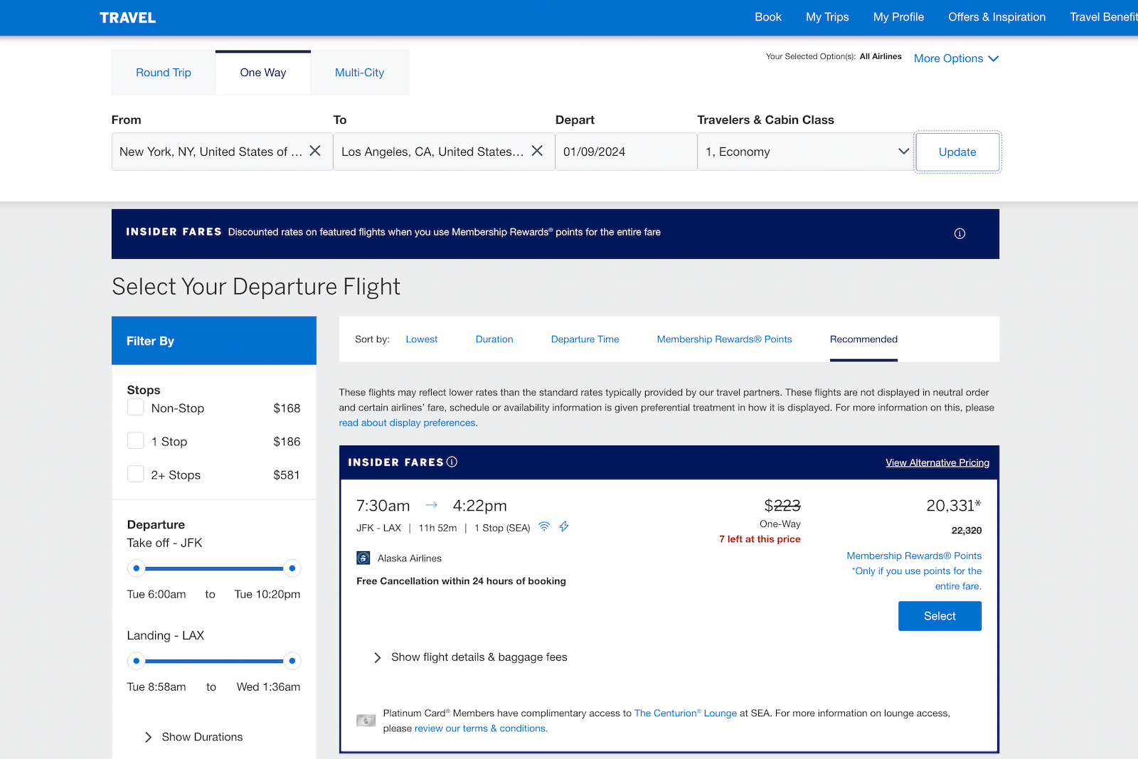 flight search results marked as insider fares with Amex Travel