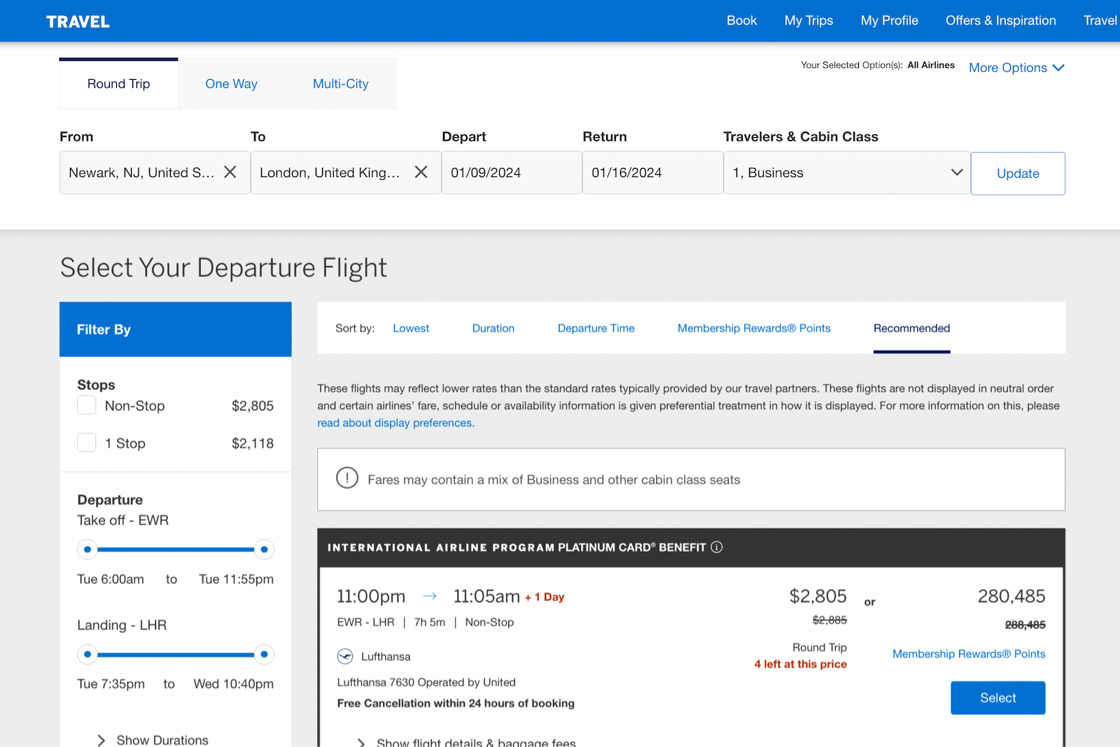 Flight search results and prices from Amex Travel