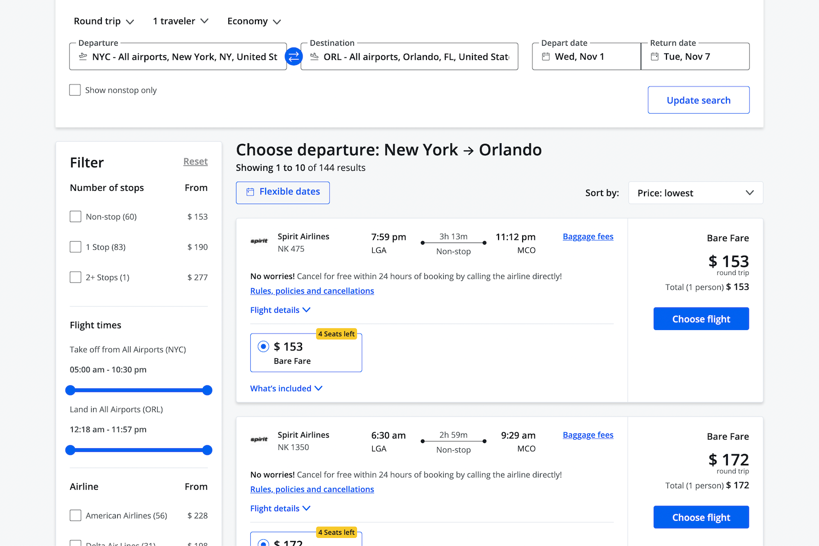 flight search results and pricing in Chase's portal