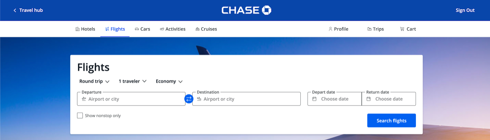 screenshot of Chase's travel search engine