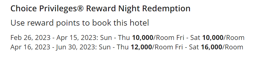 Choice Privileges award rate for a hotel