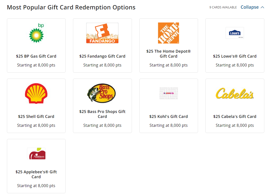 Redeem Choice points for gift cards