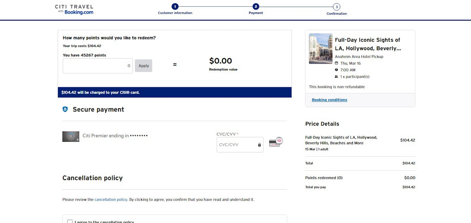 payment page in the new Citi travel portal, showing the option to pay with points or cash
