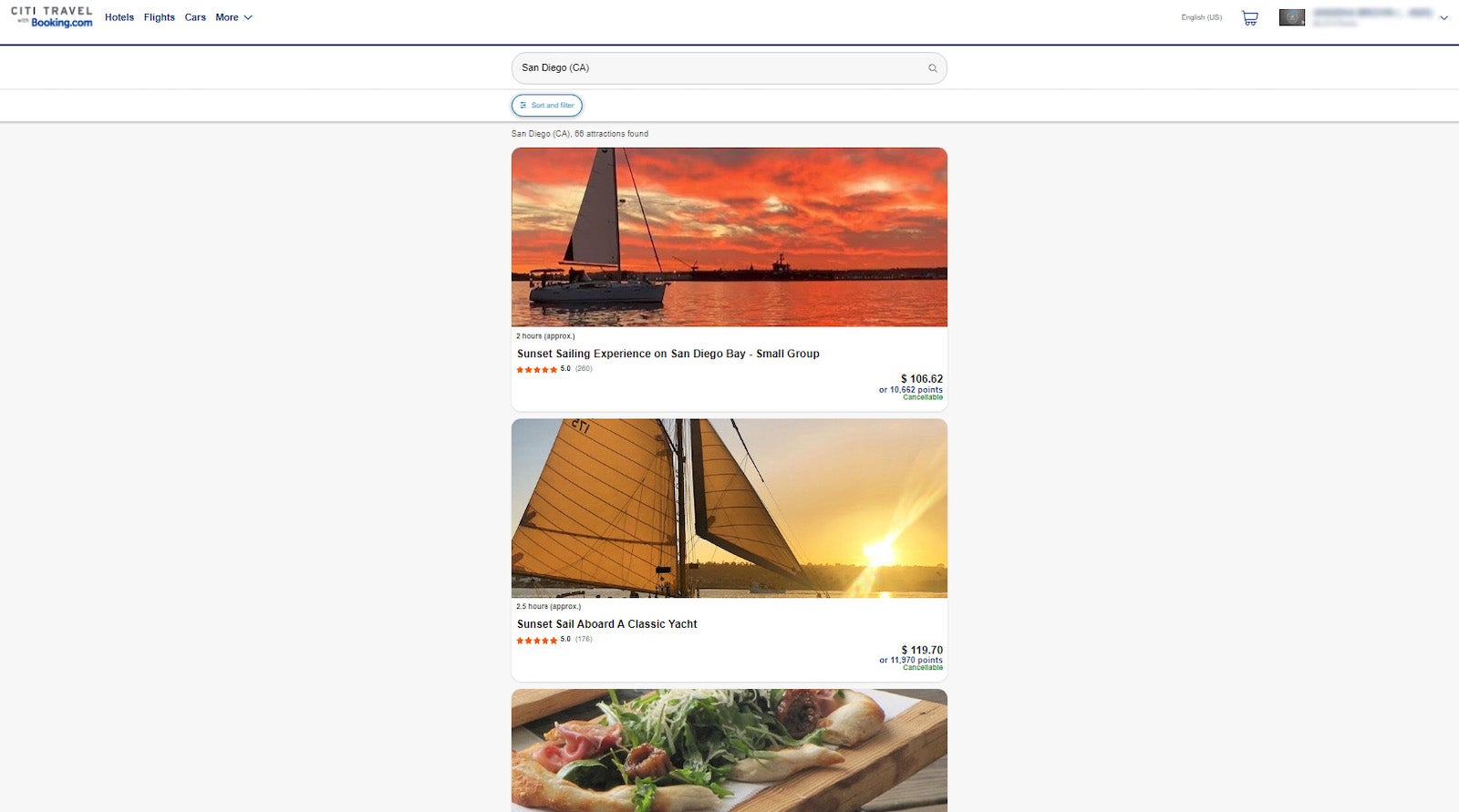 search results for activities in San Diego with the Citi travel portal