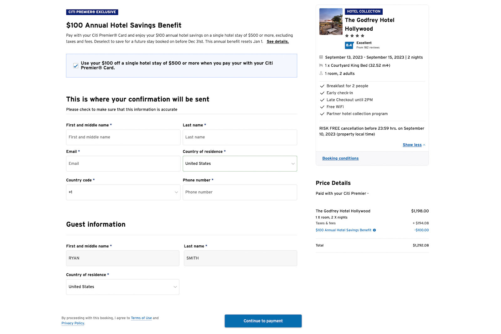 page to provide hotel guest information before paying