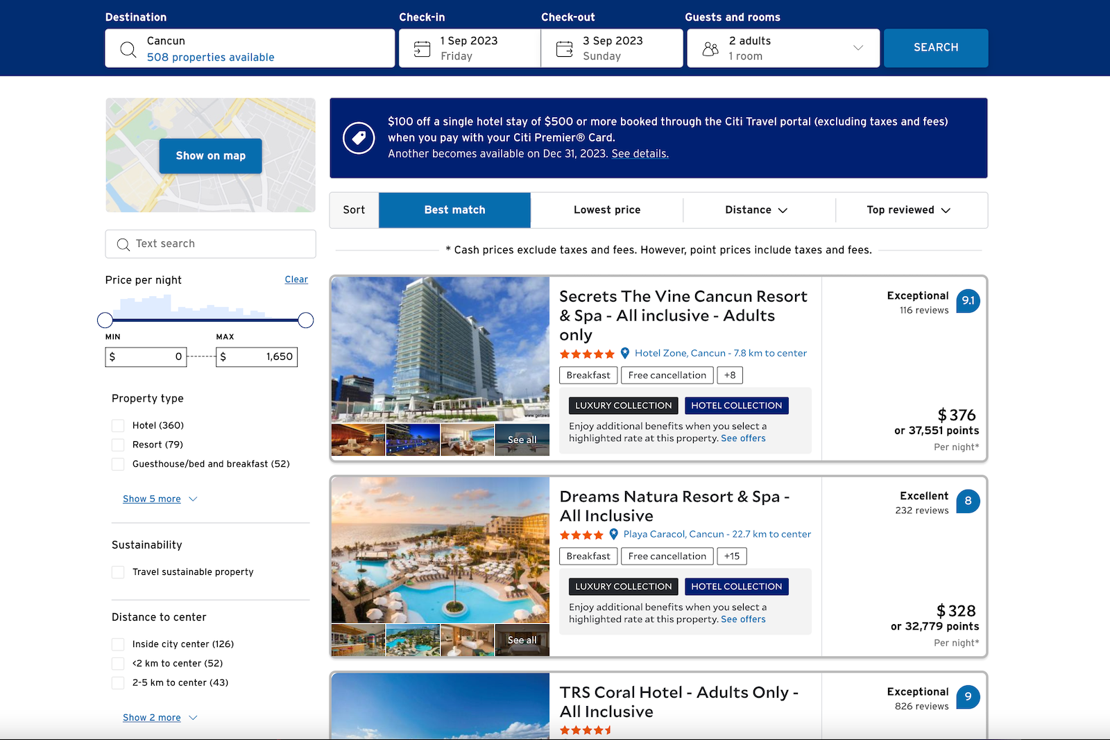 hotel search results in Citi's portal for Cancun, some showing Luxury Hotel Collection tags