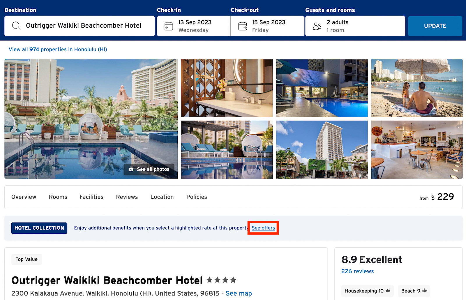 photos and details of a hotel in Waikiki flagged as part of Citi's Hotel Collection with extra benefits