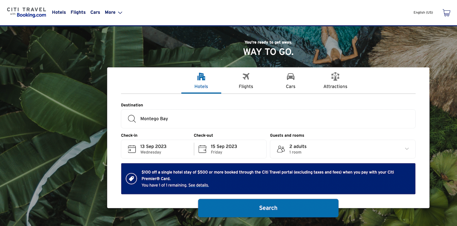 The Citi travel portal with the hotels tab selected and information showing that Citi Premier cardholder benefits are available
