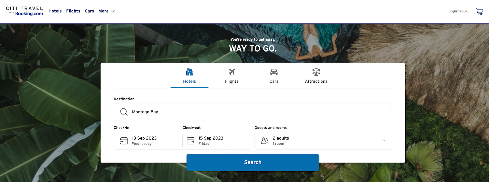 The hotels tab is selected on a travel booking page