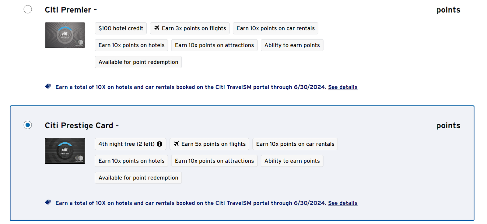 Screenshot of page showing Citi Premier and Citi Prestige cards and their associated benefits in the Citi travel portal
