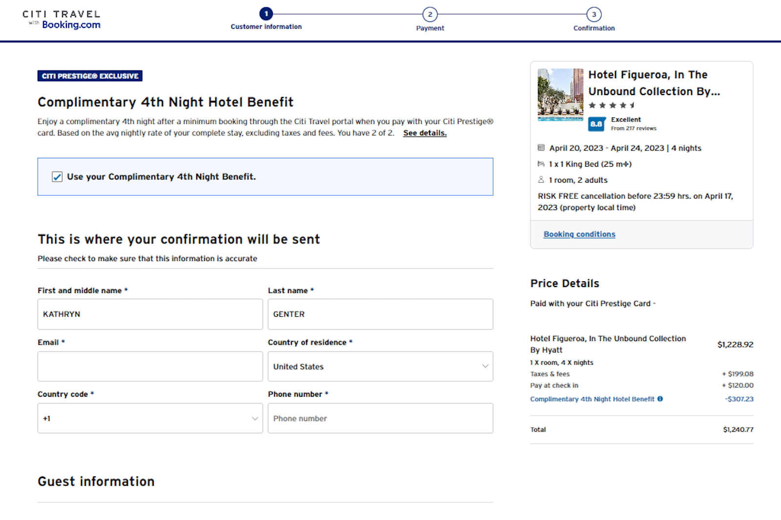 final page for payment in Citi travel portal when using 4th night free benefit from Citi Prestige card